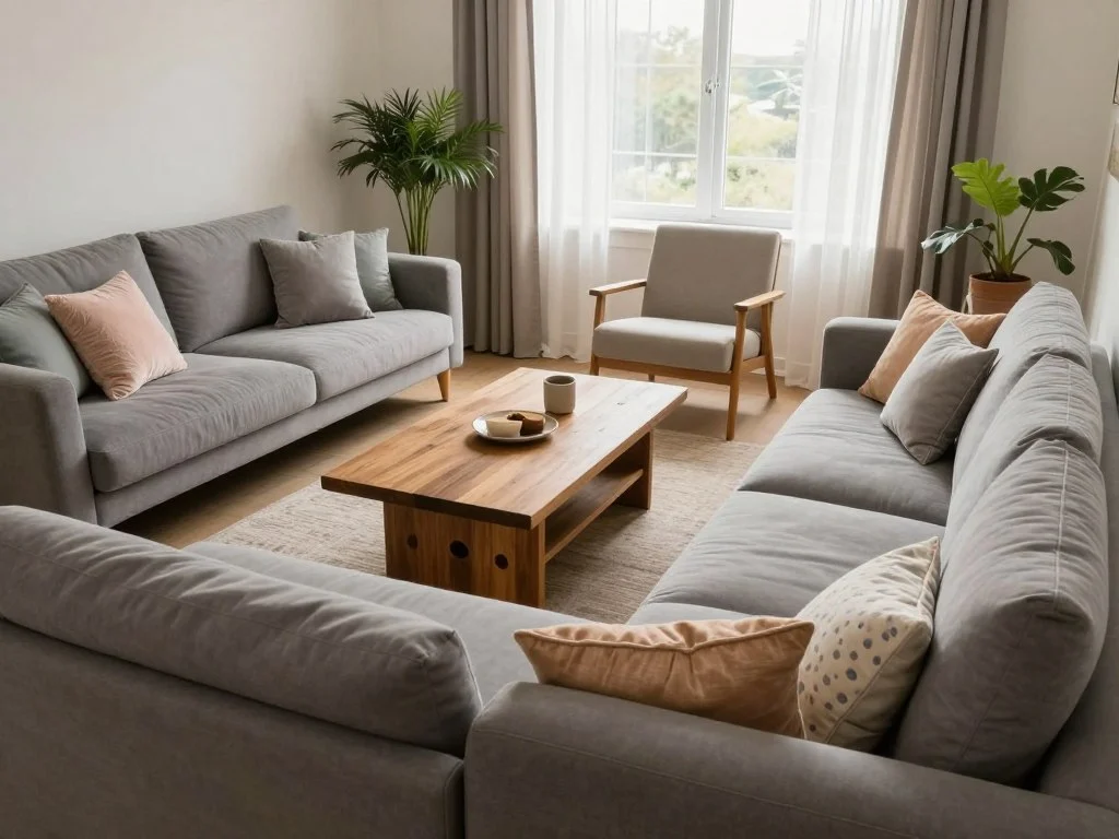 Narrow living room with slim central table layout