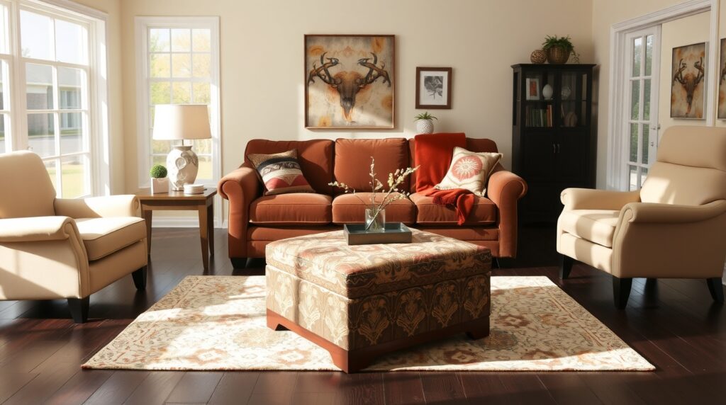 Storage ottoman used as coffee table in living room
