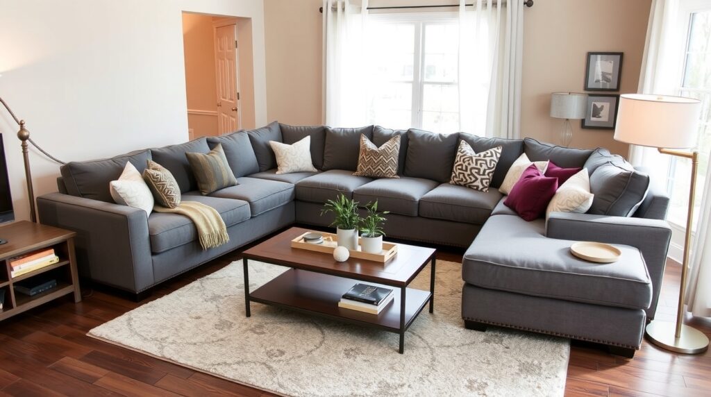 Sectional sofa with proportioned coffee table in center