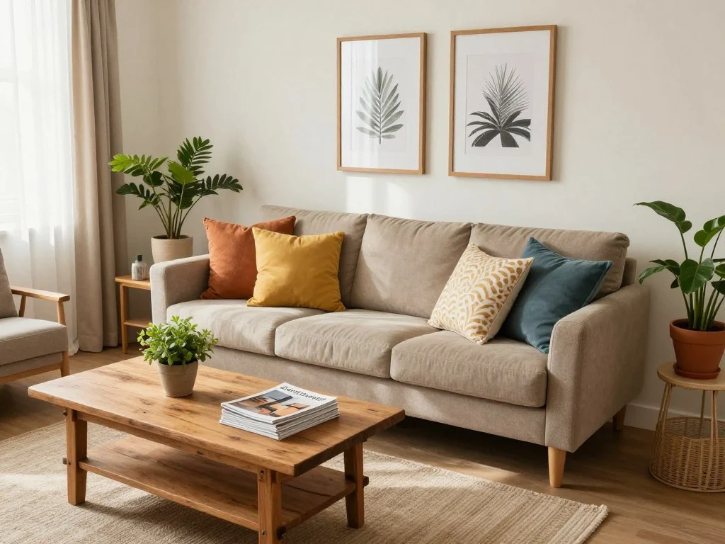 Affordable living room decor styled around coffee table surface