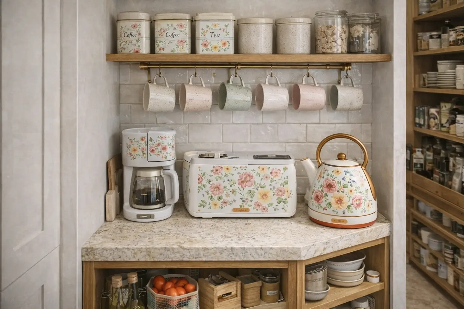Compact layout suitable for a small kitchen with floral accents in mind