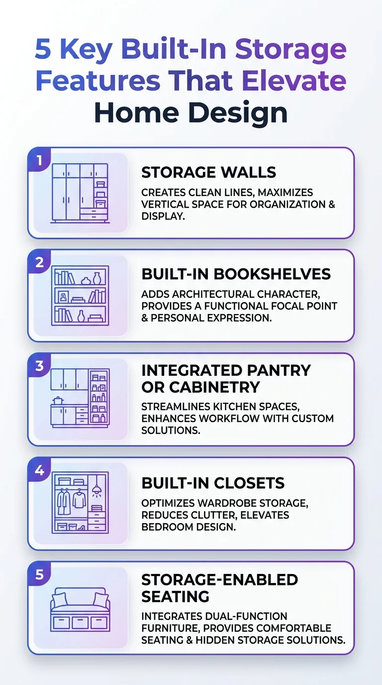 Infographic showing five key built-in storage features that elevate home design; Built-in storage as a design feature.